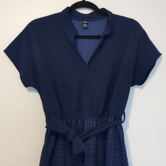 Navy Midi Dress Polka Dot Mesh Hem Detachable Belt Size M - Picture 4 of 15